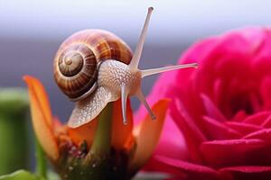 un de cerca de un caracol en un flor con un marrón cáscara y un largo Delgado cuerpo, generativo ai foto