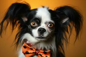 un de cerca de un negro y blanco perro vistiendo un arco Corbata en frente de un naranja fondo, generativo ai foto