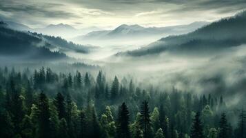 A mountains forest filled with lots of trees covered in fog, wallpaper, Generative AI photo