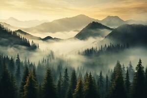 un montañas bosque lleno con un montón de arboles cubierto en niebla, fondo de pantalla, generativo ai foto