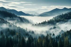 A mountains forest filled with lots of trees covered in fog, wallpaper, Generative AI photo