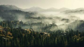 A mountains forest filled with lots of trees covered in fog, wallpaper, Generative AI photo