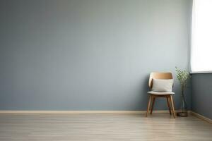 A room with a gray wall and a wooden floor. The room is empty except for a chair, Generative AI photo