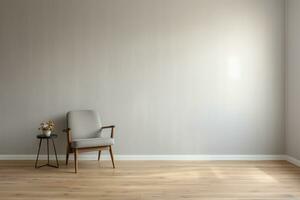 A room with a gray wall and a wooden floor. The room is empty except for a chair, Generative AI photo