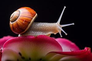 A close-up of a snail on a flower with a brown shell and a long thin body, Generative AI photo