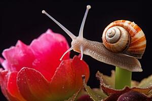A close-up of a snail on a flower with a brown shell and a long thin body, Generative AI photo