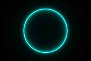 Blue tone circle neon light bulb isolated on black background for graphic design, blue moving light, design overlay element with copy space in middle. photo