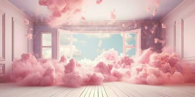 generativo ai, rosado magenta fantástico 3d nubes en el habitación interior, cielo y paisaje. amable colores y con brillante luces. foto