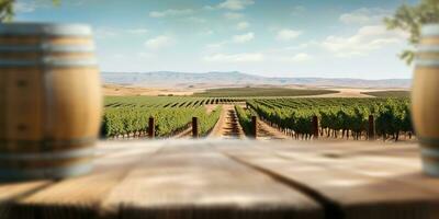 Generative AI, beautiful vineyard, green landscape. Rows of vines on sunset photo