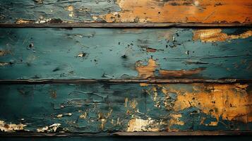 Generative AI, old dresser wooden texture. Blue, turquoise, yellow and orange colors. Vintage grunge background photo