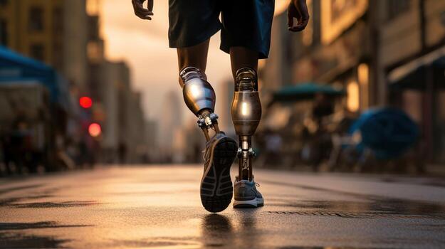 Generative AI, person with disability, prosthetic limb running and does not feel obstacles, photo
