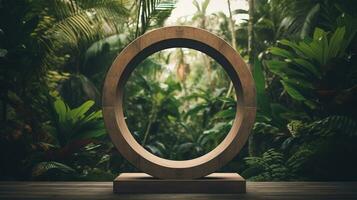 Generative AI, Empty circle wooden frame and tropical leaves on jungle background. For product display. photo