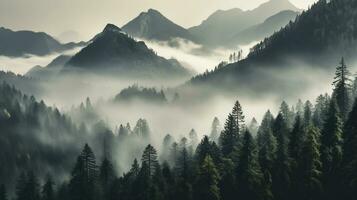 A mountains forest filled with lots of trees covered in fog, wallpaper, Generative AI photo