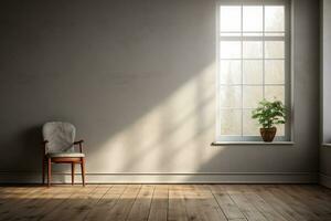 A room with a gray wall and a wooden floor. The room is empty except for a chair, Generative AI photo