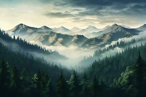 A mountains forest filled with lots of trees covered in fog, wallpaper, Generative AI photo