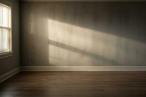 un vacío habitación con un de madera piso. y un suave sombra viniendo desde el ventana, generativo ai foto