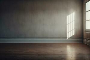 An empty room with a wooden floor. and a soft shadow coming from the window, Generative AI photo