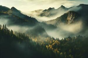 un montañas bosque lleno con un montón de arboles cubierto en niebla, fondo de pantalla, generativo ai foto