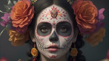catrina inspirado maquillaje adorna mujer en medio de día de el muerto festividades ai generado foto