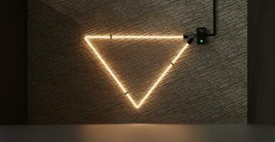 Abandoned factory old warehouse triangular neon sign Brick wall and sign frame neon lights on cement wall Message frame on brick wall Illuminated sign 3d illustration photo