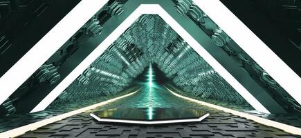 Triangle technology tunnel corridor on spacecraft Futuristic Space and Sci Fi Corridor Room Showcase Lighting Beam Tunnel Modern Future Showroom Floor and Wall Technology 3D Background photo