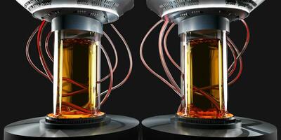 hibernación de el criogénico cápsula criónica cápsulas vaso tubos con congelado líquido para hibernación ciencia ficción teletransportarse criopod Ciencias tecnología criopod laboratorio equipo 3d ilustración foto