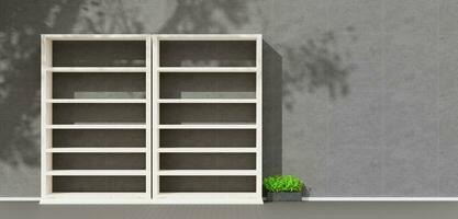 An empty bookshelf was placed in the middle of the room shelf in the room Floor and wall screens 3D illustration photo