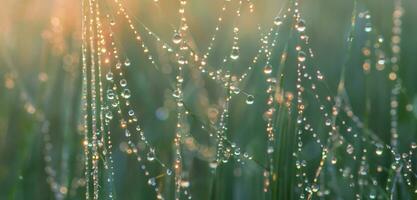 Bokeh water droplets water mist dew drops on the top of the grass 3d photo