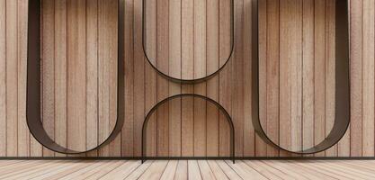 podio de madera piso etapa pantalla de madera listón de madera piso fondo de madera piso y paredes 3d ilustración foto