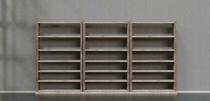 An empty bookshelf was placed in the middle of the room shelf in the room Floor and wall screens 3D illustration photo