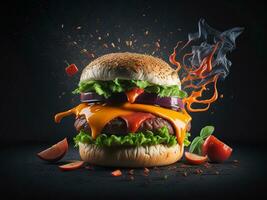 Juicy beef Burger on a wooden board isolated on black background AI generated photo