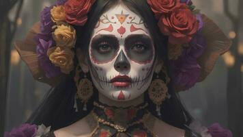 Woman Wearing Catrina Makeup Against Day of the Dead Celebration Backdrop AI generated photo