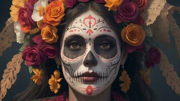 Woman Wearing Catrina Makeup Against Day of the Dead Celebration Backdrop AI generated photo