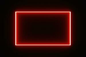 Red tone square frame neon light bulb isolated on black background for graphic design, moving light, design overlay element with copy space in middle. photo