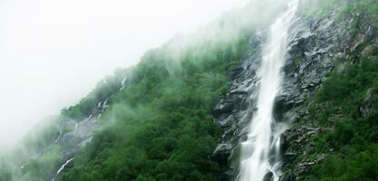 waterfall background Streams in nature waterfalls on the hills full of large trees and water spray photo