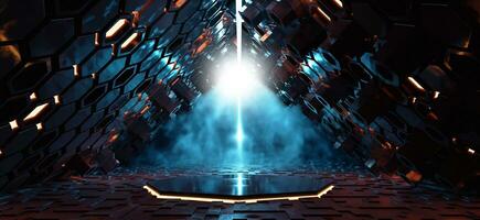 Triangle technology tunnel corridor on spacecraft Futuristic Space and Sci Fi Corridor Room Showcase Lighting Beam Tunnel Modern Future Showroom Floor and Wall Technology 3D Background photo