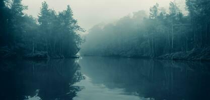 A lazy river in a fantasy forest background Riverside in a mysterious and scary forest Smog in the forest dark tone image photo