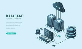 base de datos conexión aterrizaje página concepto. servidor habitación isométrica icono. digital tecnología sitio web aterrizaje página. vector ilustración