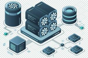 Isometric blockchain concept. Isometric cryptocurrency. Platform creation of digital currency. Big data technology in isometric. Vector illustration