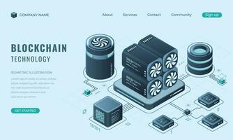 Isometric blockchain technology landing page concept. Isometric cryptocurrency. Digital technology website landing page. Vector illustration