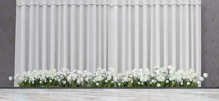 performance stage backdrop background wedding scene decorated with white flowers 3d illustration photo
