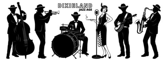 retro Dixieland jazz banda de 20 años. siluetas colocar. joven a la moda niña cantando, hombres jugando en doble bajo, saxofón, banjo, trompeta y batería. vector clipart aislado en blanco.