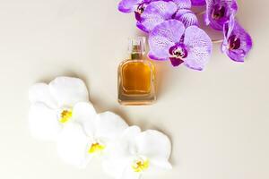 A perfume bottle on a pink background around beautiful orchid flowers. Stylish appearance, layout, personality. Banner, a place for the text. photo