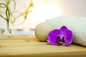 Spa-beauty salon, wellness center. Spa treatment aromatherapy for a woman's body in the bathroom with candles, oils and salt. photo