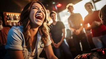 A person laughing as they play a game, mental health images, photorealistic illustration photo