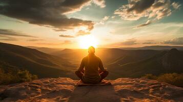 A person sitting cross-legged on a mountaintop, mental health images, photorealistic illustration photo