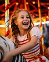 A close up portrait of a young girl riding a candy cane carousel, christmas image, photorealistic illustration photo