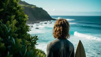 surfer watching the waves on beach generative ai photo