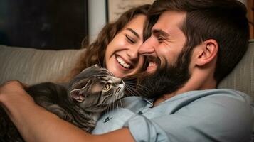 A young couple is sitting on the couch hugging their cat, mental health images, photorealistic illustration photo