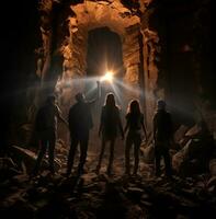 A group of friends are walking through a dark ancient ruin, wanderlust travel stock photos, realistic stock photos